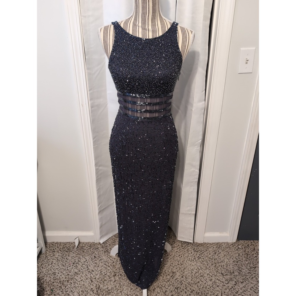Vtg. Jovani 90's Silk Beaded Sheer Waist Slit Evening Gown Bluish‎ Gray Size 4